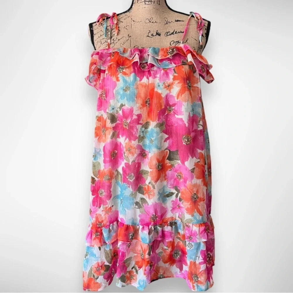 MINE Women's Vibrant‎ Floral Print Drop Waist Summer Dress Large | EUC